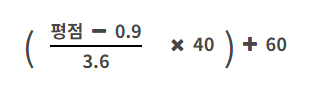환사점수 산출방식 이미지입니다. 3.6에 평점 빼기 0.9를 나눈 값에 4을 곱하고 60을 더합니다.